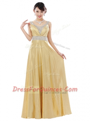 Gold Sleeveless Floor Length Beading Zipper Prom Evening Gown