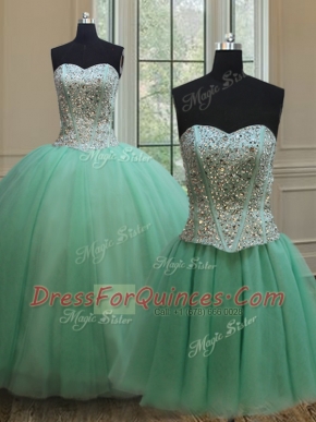 Fabulous Three Piece Apple Green Ball Gowns Tulle Sweetheart Sleeveless Beading Floor Length Lace Up Quinceanera Dress