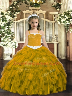 Sleeveless Organza Floor Length Lace Up High School Pageant Dress in Brown with Appliques and Ruffles