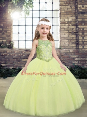 Perfect Beading Girls Pageant Dresses Light Yellow Lace Up Sleeveless Floor Length