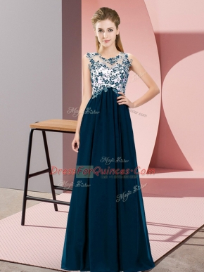 Stunning Floor Length Zipper Vestidos de Damas Navy Blue for Wedding Party with Beading and Appliques