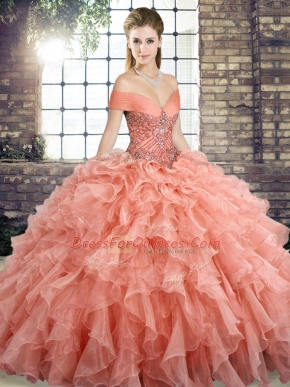 Fitting Peach Organza Lace Up Sweet 16 Dresses Sleeveless Brush Train Beading and Ruffles