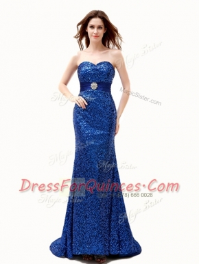 Mermaid Royal Blue Lace Up Prom Party Dress Beading and Belt Sleeveless With Brush Train