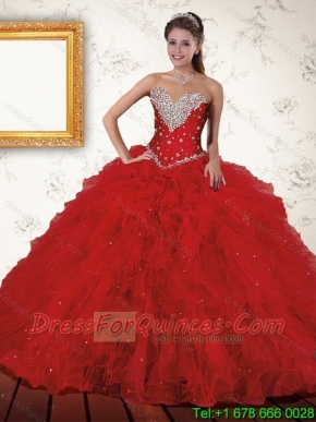Exquisite Red 2015 Cheap Quinceanera Dress with Beading and Ruffles
