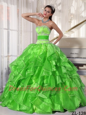 Sweetheart Appliques and Paillette Organza Spring Green Ball Gown Best Quinceanera Dresses