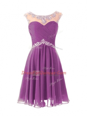 Shining Knee Length A-line Cap Sleeves Purple Evening Dress Zipper