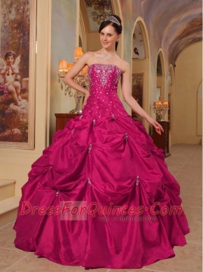 Wine Red Taffeta Strapless With Beading Appliques and Pick Ups Ball Gown Dress