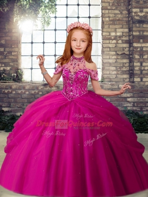 Fuchsia Scoop Lace Up Beading Girls Pageant Dresses Sleeveless