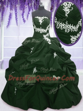 Cheap Sleeveless Taffeta Floor Length Lace Up 15 Quinceanera Dress in Dark Green and Peacock Green with Appliques and Pick Ups