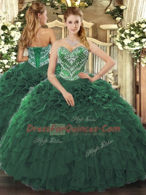 Floor Length Dark Green Ball Gown Prom Dress Tulle Sleeveless Beading and Ruffled Layers