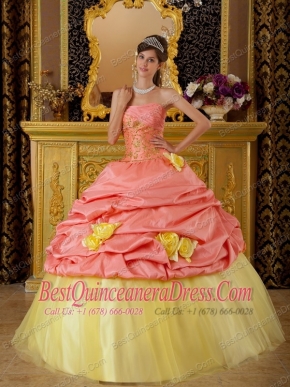 Watermelon Ball Gown Strapless Floor-length Taffeta and Tulle Beading  Sweet 16 Dress