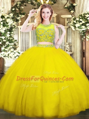 Charming Tulle Sleeveless Floor Length Quinceanera Gown and Beading