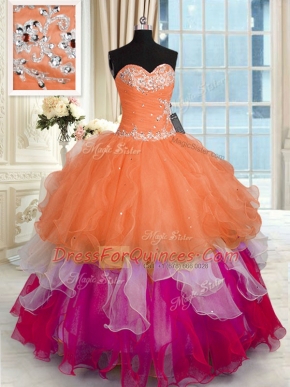 Floor Length Multi-color Quinceanera Dress Organza Sleeveless Beading and Ruffled Layers