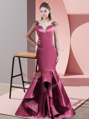 Scoop Sleeveless Satin Homecoming Dress Beading and Appliques Sweep Train Side Zipper