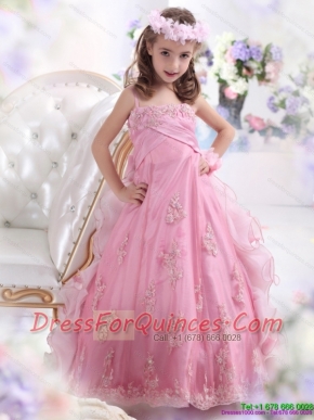 2015 Unique Rose Pink Spaghetti Straps Little Girl Pageant Dress with Appliques