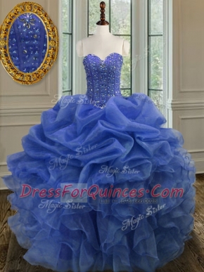 Top Selling Blue Ball Gowns Beading and Ruffles Sweet 16 Dresses Lace Up Organza Sleeveless Floor Length