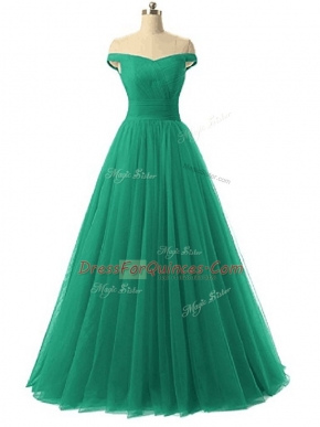 Off The Shoulder Sleeveless Tulle Prom Gown Ruching Lace Up