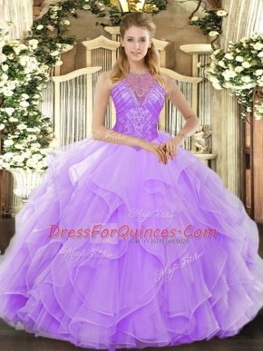 Lavender Lace Up Quinceanera Gown Beading and Ruffles Sleeveless Floor Length
