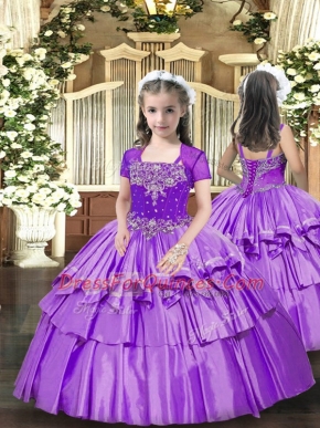 Charming Lavender Ball Gowns Beading and Ruffled Layers Pageant Gowns For Girls Lace Up Taffeta Sleeveless Floor Length