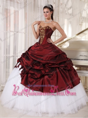 Burgundy and White Ball Gown Sweetheart Floor-length Taffeta and Tulle Appliques Quinceanera Dress