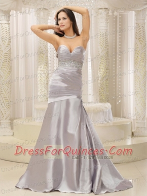 Prom Dress Modest Satin and Ruched Bodice Beaded Decorate Waist
