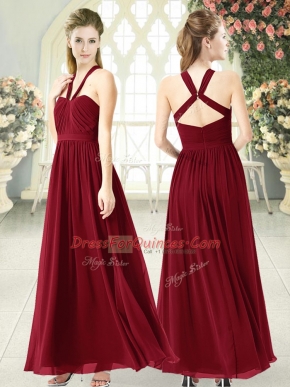 Charming Sleeveless Chiffon Floor Length Backless Prom Gown in Burgundy with Ruching