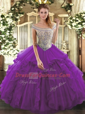 Eggplant Purple Tulle Lace Up Off The Shoulder Sleeveless Floor Length Quinceanera Gown Beading and Ruffles