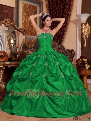 Green Ball Gown Strapless With Taffeta Appliques For Discount Quinceanera Dress