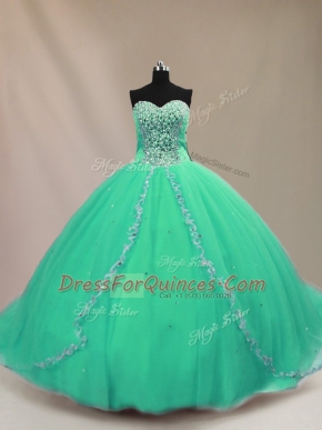 Designer Turquoise Tulle Lace Up Sweetheart Sleeveless Quinceanera Dress Court Train Beading