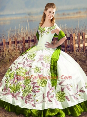 Dazzling Olive Green Satin Lace Up Quinceanera Gown Sleeveless Floor Length Embroidery