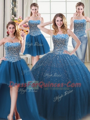 Fine Four Piece Teal Sleeveless Floor Length Beading Lace Up Quinceanera Dresses