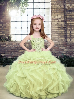 Yellow Green Tulle Lace Up Straps Sleeveless Floor Length Girls Pageant Dresses Beading and Ruffles