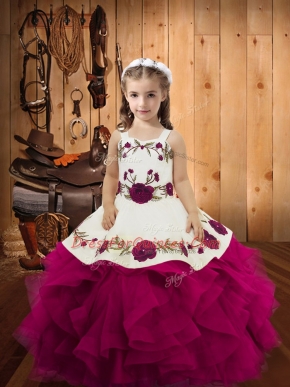 Fuchsia Straps Neckline Embroidery and Ruffles Pageant Gowns For Girls Sleeveless Lace Up