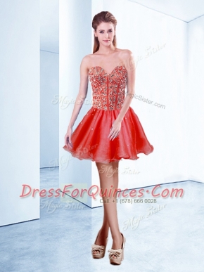 V-neck Sleeveless Lace Up Prom Gown Red Organza