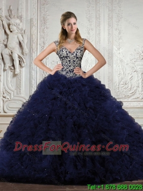 Pretty 2015 Quinceanera Dresses in Navy Blue with Appliques and Ruffles