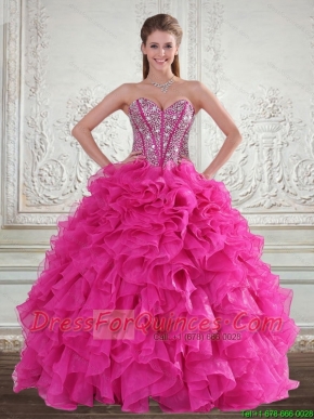 Sweetheart Hot Pink 2015 Quinceanera Gown with Beading and Ruffles