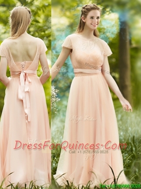 Elegant See Through Scoop Short Sleeves Prom Dresses in Peach