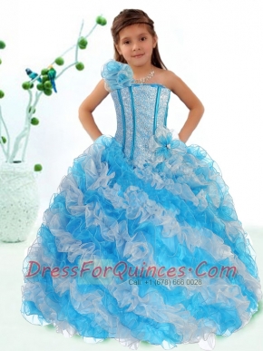 Beautiful Blue One Shoulder Little Girl Pageant Dress with Ruffles for 2014
