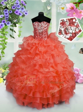 Sleeveless Organza Floor Length Lace Up Flower Girl Dress in Coral Red with Ruffled Layers and Sequins