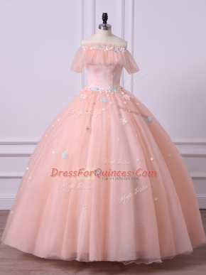 Peach Lace Up Off The Shoulder Lace and Appliques 15th Birthday Dress Tulle Short Sleeves