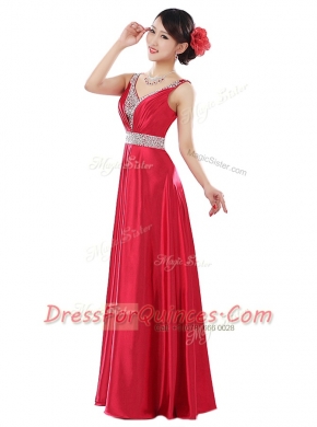 Simple Coral Red Empire Elastic Woven Satin V-neck Sleeveless Beading Floor Length Zipper