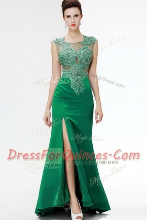 Dark Green Satin Zipper Prom Evening Gown Sleeveless Floor Length Sweep Train Beading and Appliques