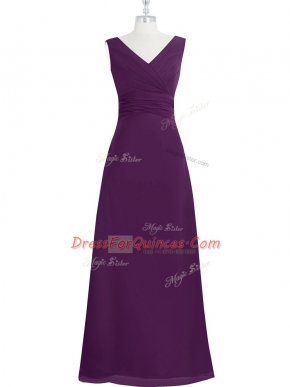 Custom Design Eggplant Purple Sleeveless Ruching Floor Length