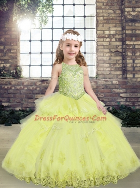 Super Sleeveless Floor Length Lace and Appliques Lace Up Pageant Dress for Teens with Yellow Green