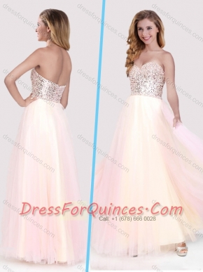 Classical Beaded Bodice Empire Baby Pink Long Prom Dress in Tulle