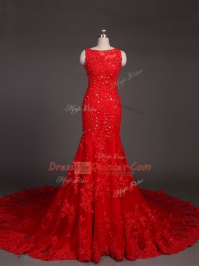 Attractive Lace Sleeveless Prom Party Dress Court Train and Beading and Lace and Appliques