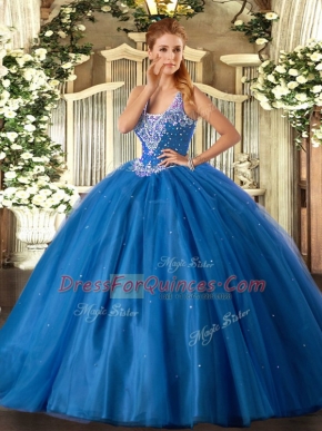 Top Selling Blue Ball Gowns Beading Sweet 16 Dress Lace Up Tulle Sleeveless Floor Length