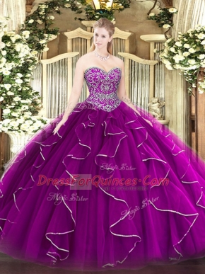 Beautiful Ball Gowns Vestidos de Quinceanera Fuchsia Sweetheart Tulle Sleeveless Floor Length Lace Up