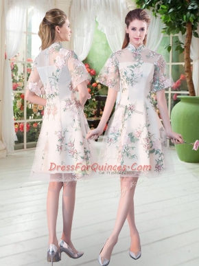 Delicate High-neck Short Sleeves Zipper Homecoming Dress Champagne Tulle