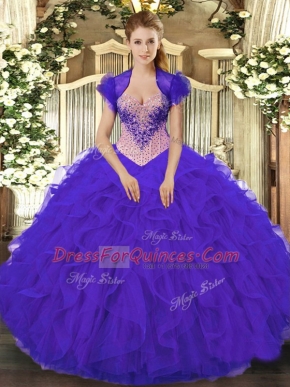 Organza Sweetheart Sleeveless Lace Up Beading and Ruffles Vestidos de Quinceanera in Purple